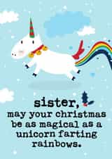 Funny Christmas Card - Sister - Unicorn Farting Rainbows created by Mrs Best Paper Co.