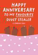 Cute Anniversary Card - Happy Anniversary to my Favourite Duvet Stealer created by Pixie Studio
