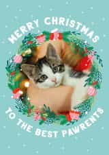 Personalised Christmas Photo Card created by Seabird Studio - Cute Wreath Christmas Photo Card - To the best pawrents - pun from the pet