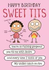 Happy Biirthday Sweet Tits - Funny Cartoon card created by Liverpool Card Studio