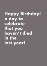 Funny Happy Birthday text card | Celebrating someone still being alive! created by Hello Munki