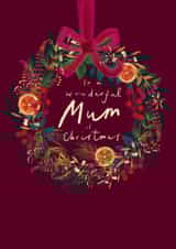 Wonderful Mum Christmas Wreath card, traditional watercolour illustration created by Hannah Owen Illustrates