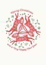 Traditional Christmas card - Festive Hares - by printmaker Ian Cunliffe created by Paper Bird