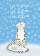 Cute Christmas card featuring a smiling snow leopard surrounded by snowflakes created by LeopardyNonsense