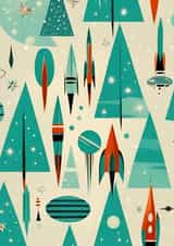 Cute classic mid century modern atomic Christmas rocket ship card created by Atomicai Designs
