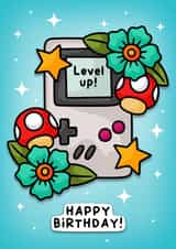Cool gamers level up Birthday Card. Retro Gamer design for teens and grown ups! created by Wafflemamaart