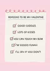 Cute Reasons To Be My Valentine Checklist Valentines Card created by Puns and Needles