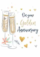 Golden Wedding Anniversary Card - with gold hearts and glasses created by Katie Phythian Design