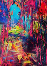 Colourful and vibrant card of a colourful woodland landscape created by Jane Dennis Art