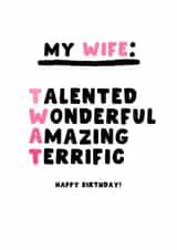 Cheeky Birthday Card - Wife - Twat created by Pink Peach Cards