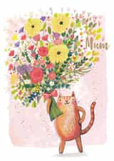 Cute Mothers Day card - Illustrated Cat and floral bouquet created by Sally Darby Illustration