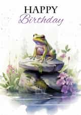 Happy Birthday Frog Sitting on a Rock with Flowers and Pond created by Tanya Hall