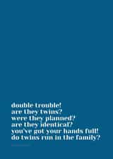 Twin Life Card, Classic Twin Questions and comments, New Baby Twins, Twin Bingo created by Grange Farm Creative