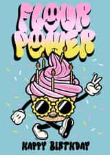 Flour Power cute cupcake mascot birthday card created by Foxx & Raccoon