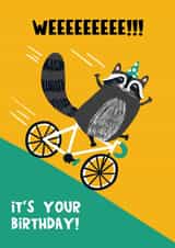 Funny Birthday Card - Raccoon Riding A Bike created by Lucy Maggie Designs