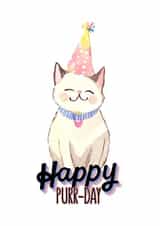 Happy Cat Birthday Card - Cute White Cat in Party Hat - Happy Purr-Day created by Cornish Cat Lady