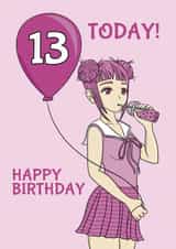 Cute Birthday Card - For A Girl - 13th - Anime & Bubble Tea created by @Cupsie's Creations