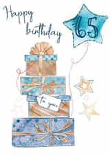 Joyous 65th birthday card - present stack and balloon design for this milestone created by One and Only