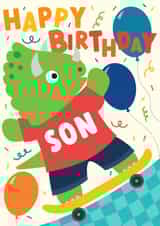 Cute Birthday Card - For Son - Skateboarding Triceratops created by Fox and Bird Studio