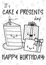 It's cake and presents day! Cute colour in birthday card created by Lucie Cooke Studio