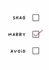 Funny Wedding Card - Tick Box - Shag, Marry, Avoid created by Sarah Harding