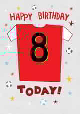 Cool 8th Birthday Card - Red Football Shirt - Liverpool, Arsenal, Man Utd etc created by Pencilface