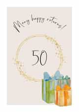 Classic 50th Birthday Card - Many Happy Returns - Watercolour Presents created by Heather Trefusis Art