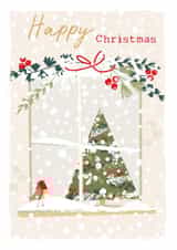 Classic Christmas Card - Robin with Christmas - Snow Falling - Window Sill created by SABIVO Design by Sabina