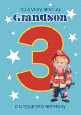 Personalised Birthday Photo Card created by Choo Choo  - Cute Birthday Photo Card - For Grandson - 3 Today - Fireman