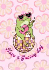 Cute, groovy girls' card. Frog on a disco ball. Retro, Flower Power created by Mila&meDesignS