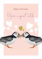 Cute anniversary card - Puffins - You're a great catch created by Heather Trefusis Art