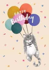 Cute Birthday Card - Cat with Balloons created by Debbie Daley Illustrations