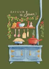 Cute Christmas Card - Warm Winter Food On Vintage Stove - Savour the Season created by Julep and Trubbs