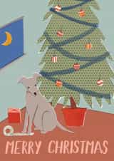 Cute Christmas card Dog Wrapping Presents created by Louisa Taylor