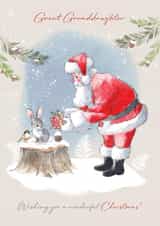 Cute Christmas Card - For Great Granddaughter - Santa Handing Gift To Rabbit created by Paper Shed Design