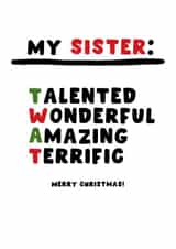 Cheeky Christmas Card - For Sister - Twat created by Pink Peach Cards