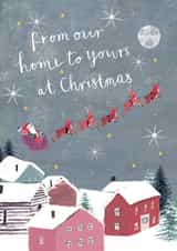 Cute Christmas Card - Santa Flying Over Christmas Village - Our House To Yours created by Louise Tiler