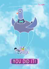Funny congratulations card, pigeon skydiving with a pigeon parachute created by Pigeon Pals