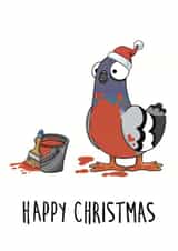 Happy Christmas Robin painted Pigeon Cartoon Card created by Clare Stansfield