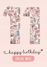 Pretty Birthday Card - Niece - 11th - Makeup created by Rulu