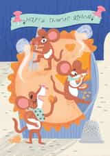 Adorable Thanksgiving card - Mice enjoying pumpkin pie with 'Happy Thanksgiving created by Gina Shord