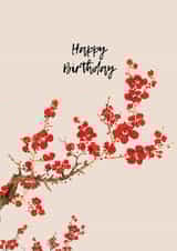Beautiful red blossoms on twigs with message Happy Birthday created by David Bennett