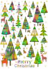 Colourful Christmas card with happy animals in a fun forest. created by YouBloom