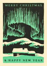 Vintage Scandi screen print Christmas card with snowy cabin and Northern Lights created by Matt Windsor