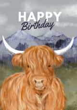 Cute Birthday Card - Scottish Highland Cow - Mountains created by Hello Fridays Studio