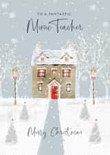 Classic Christmas Card - Music Teacher - Illustrated House in Snow created by Rebecca Prinn