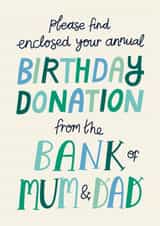Funny Birthday Card - The Bank of Mum and Dad created by Christine Cuddihy Illustration