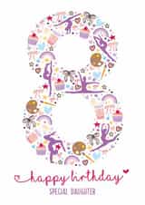 Cute 8th Birthday Card - For Daughter - Illustrations created by Rulu