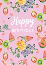 Classic Birthday Card - For Her - Fun Fruit Pattern - Illustration created by Rebecca Prinn