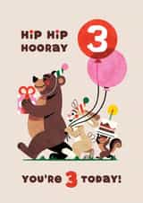 Cute 3rd Birthday Card - Hip Hip Hooray - Animals created by Folio | Ian Owen